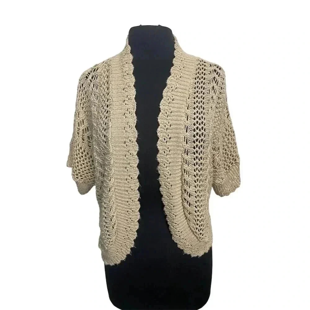 Intriguing Threads Beige Crochet Kimono Jacket Size L Open-Front Sleeve 1990